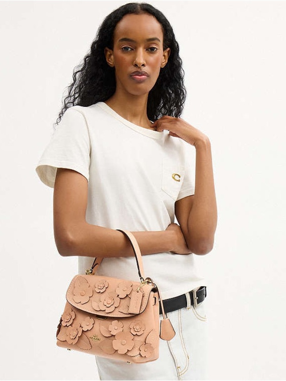 Coach Emory Top Handle Bag with Floral Appliqués Light Pink Gold Crossbody NWT - Picture 2 of 13